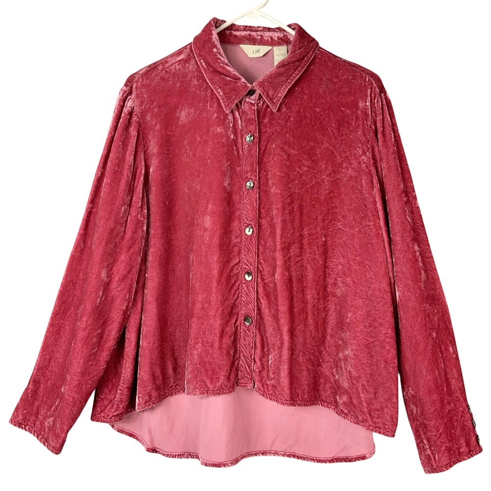 J. Jill Pink Crushed Velvet Button Up High-Low Shirt L Collared Long Sleeve
